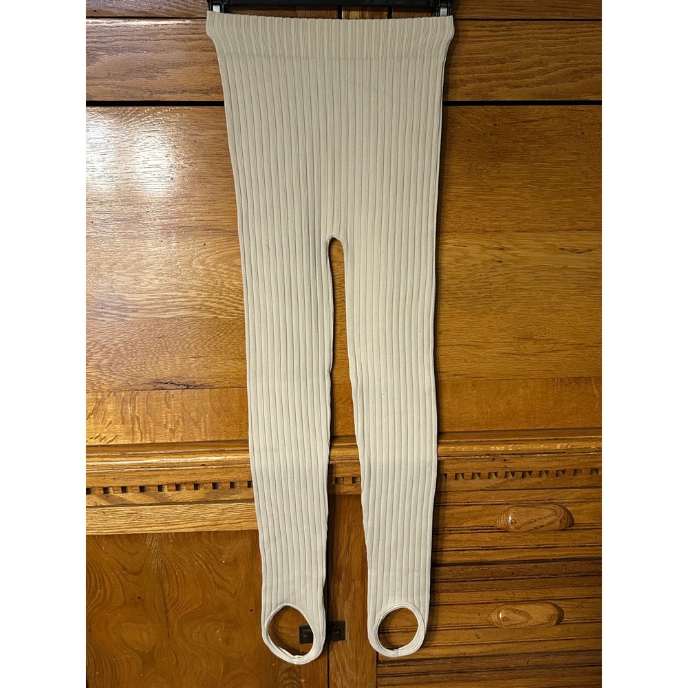 Zara Hygge Athleisure Ribbed Knit Stirrup Leggings Cream Off White High Waisted